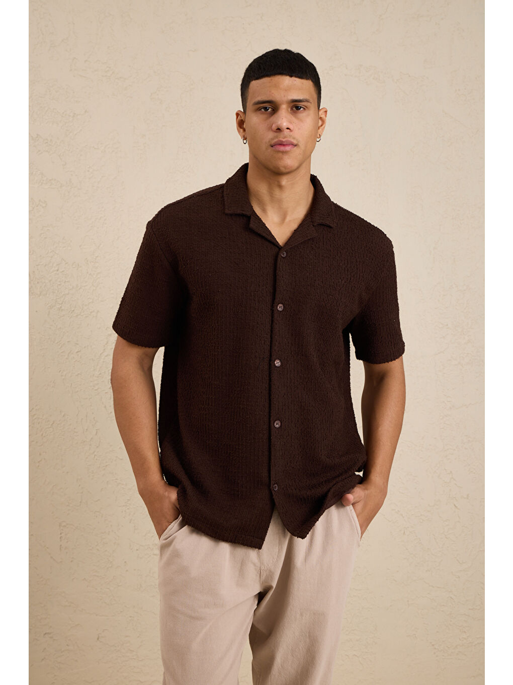 Erkek Teknik Kumaş Jakarlı Gömlek Kahverengi-2