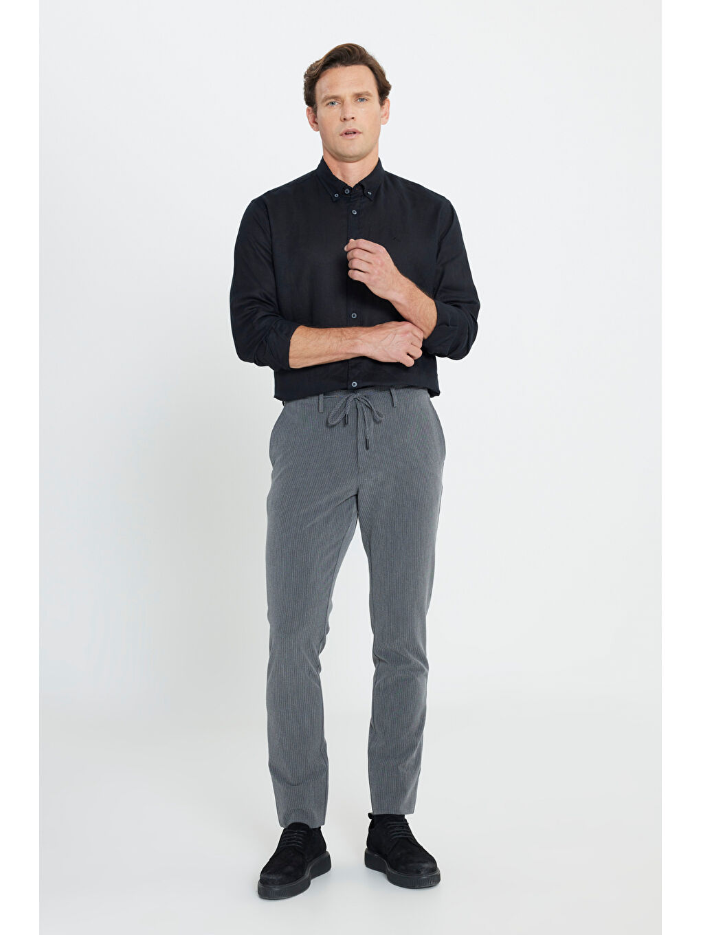 Erkek Antrasit Slim Fit Dar Kesim Yan Cepli Desenli Beli Lastikli Pantolon-2