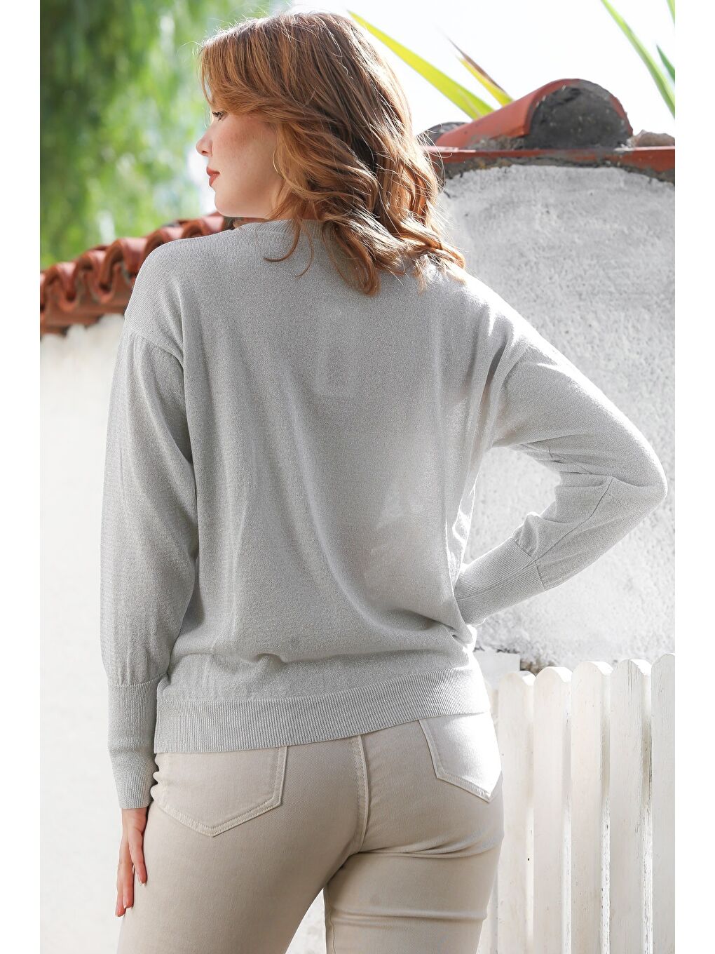 Yeşil Mint Yuvarlak Yaka Uzun Kol İnce Simli Triko Kazak 65 62-1