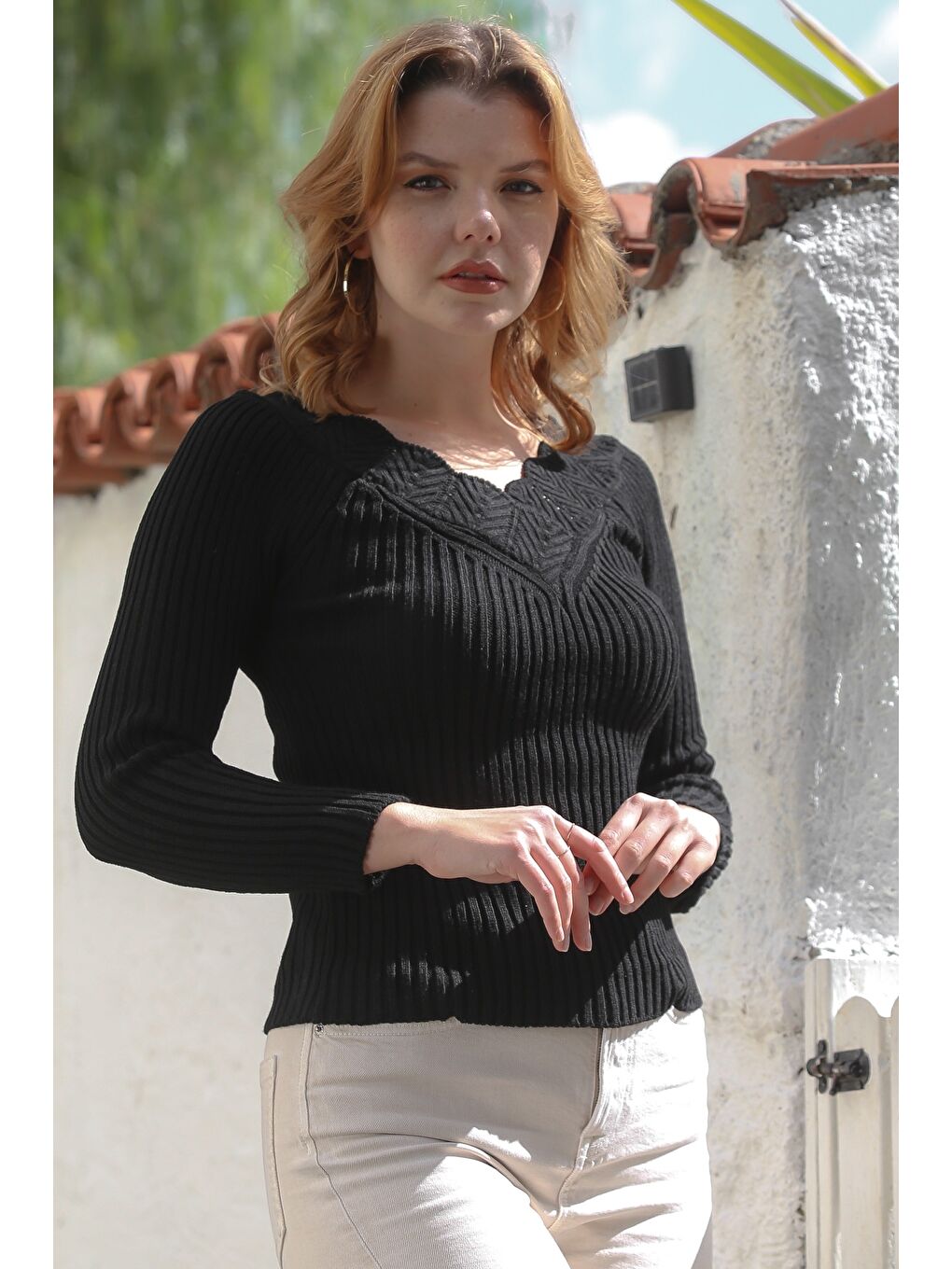 Siyah V Yaka Uzun Kol Ajur Örgü Triko Kazak 60 50-6