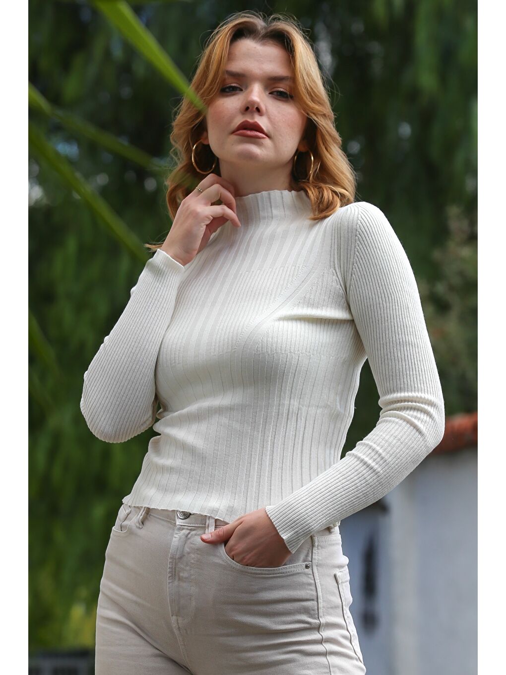 Bej Balıkçı Yaka Uzun Kol Triko Kazak 57 50