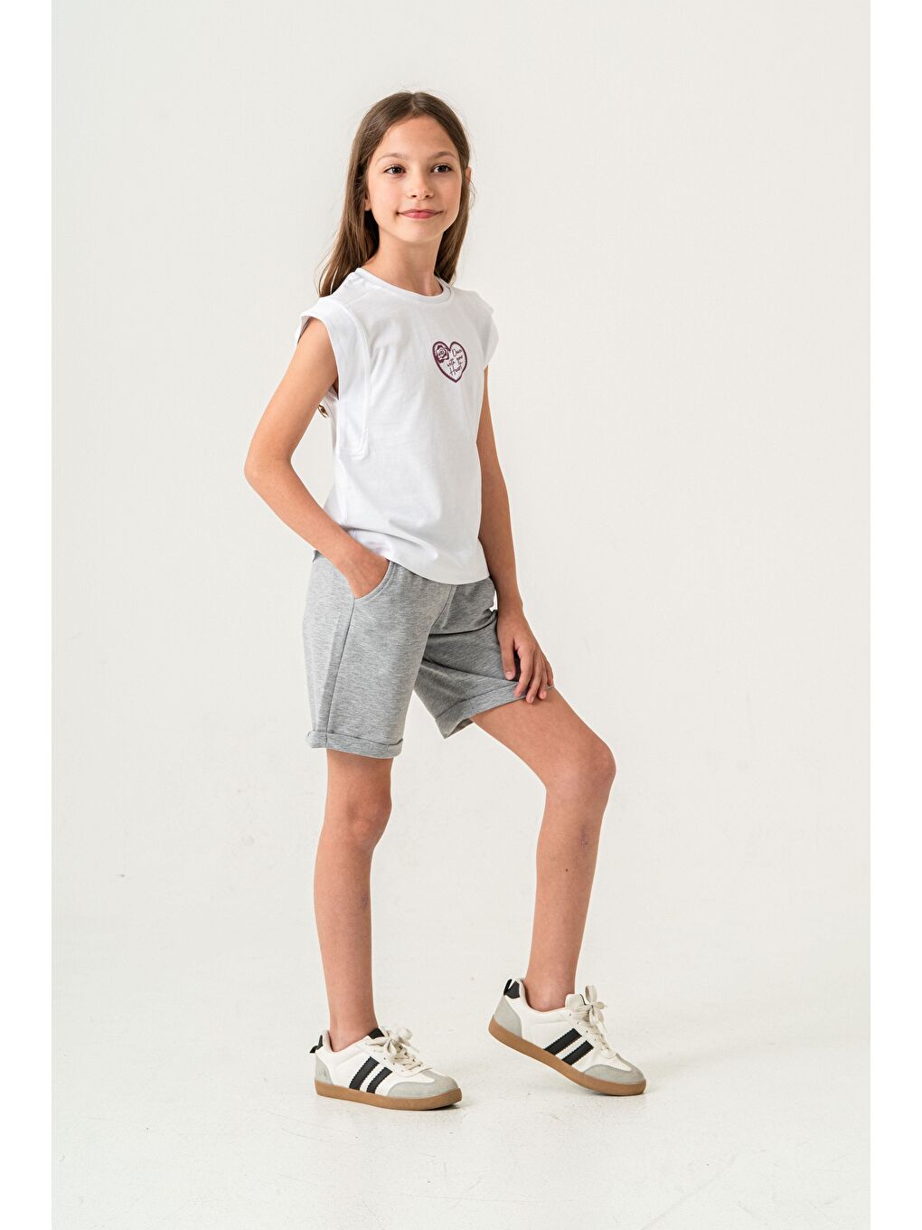 Gri Dance With Your Heart Baskılı  Kız Çocuk Şort - Tişört Takımı-1