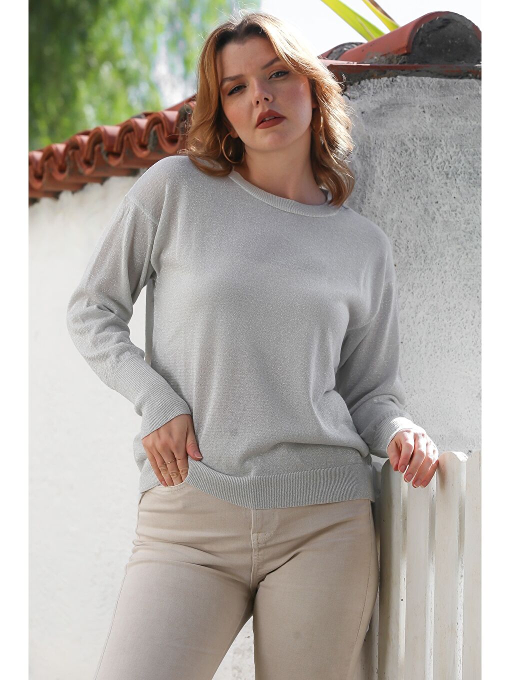 Yeşil Mint Yuvarlak Yaka Uzun Kol İnce Simli Triko Kazak 65 62-2