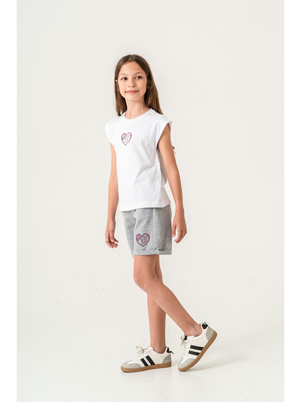 Gri Dance With Your Heart Baskılı  Kız Çocuk Şort - Tişört Takımı-2