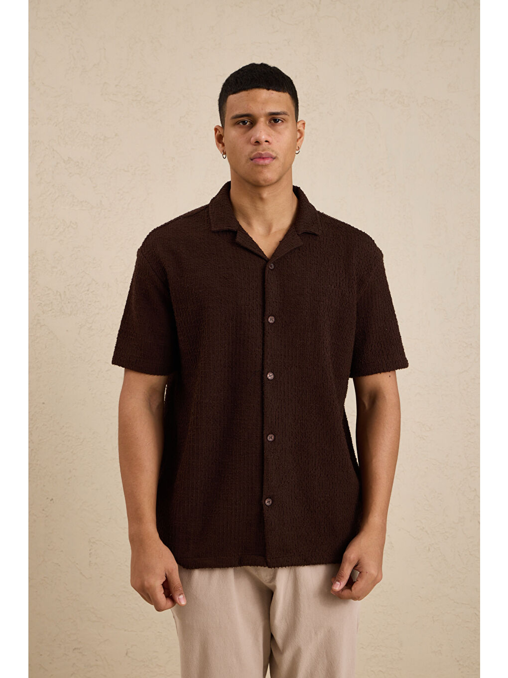 Erkek Teknik Kumaş Jakarlı Gömlek Kahverengi-4