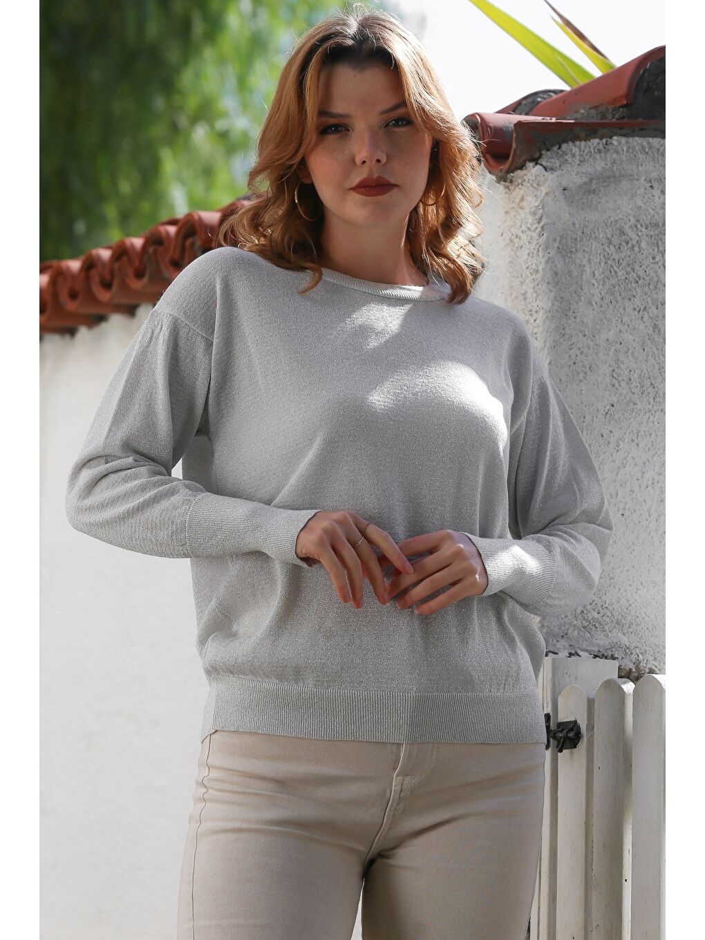 Yeşil Mint Yuvarlak Yaka Uzun Kol İnce Simli Triko Kazak 65 62-3