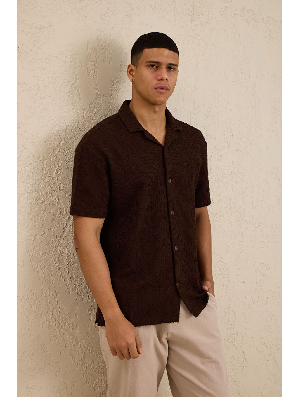 Erkek Teknik Kumaş Jakarlı Gömlek Kahverengi-6