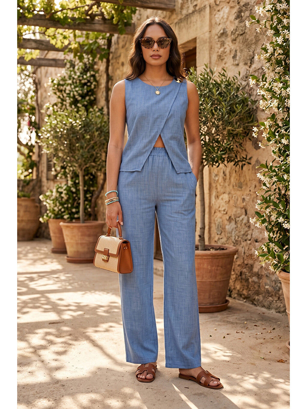 Mavi Aksesuar Detaylı Kruvaze Katlı Yazlık İkili Takım 5867016