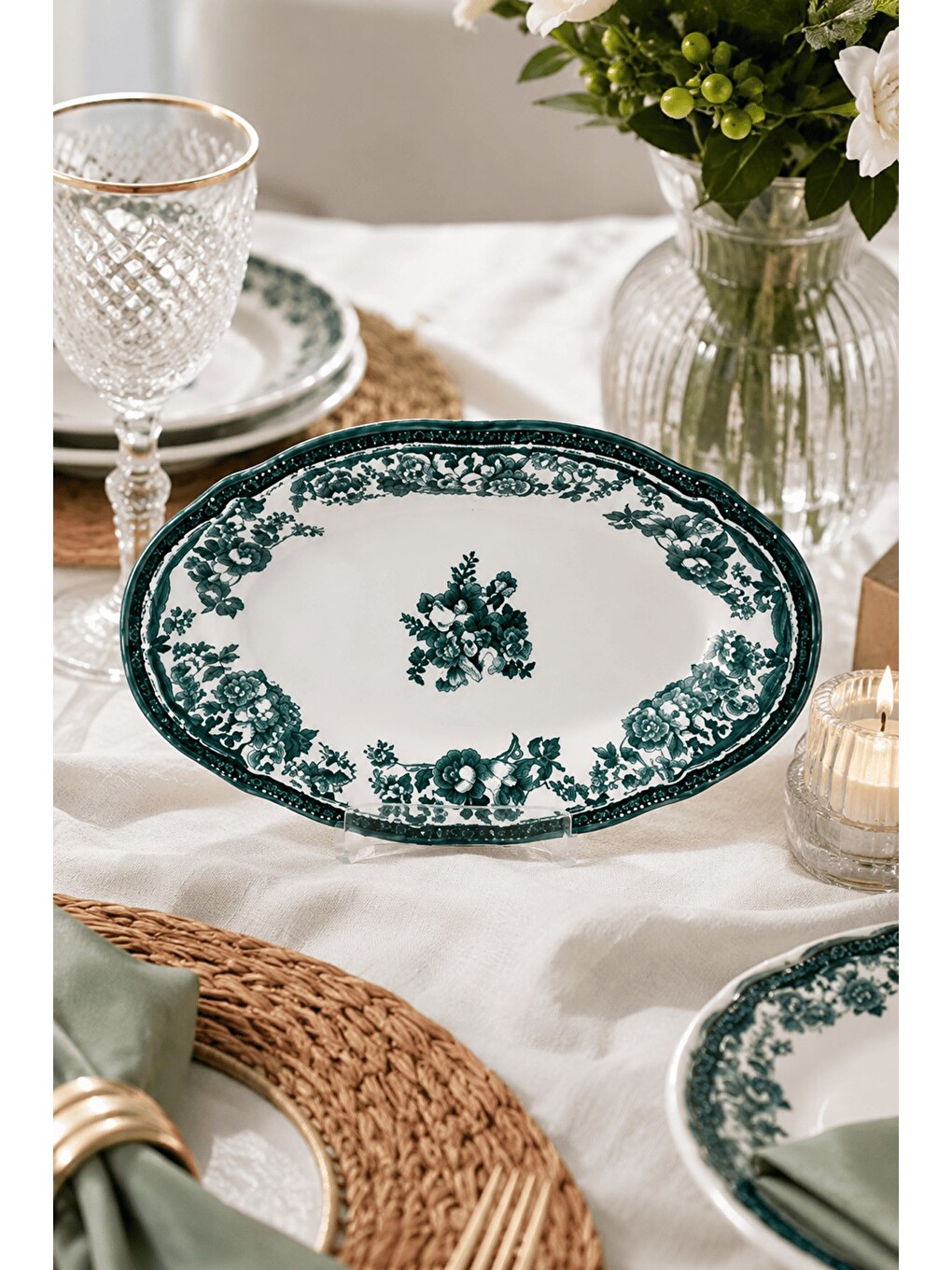 Beyaz Porselen Velour Green Fulya Kayık Tabak Seti 32cm Tekli-1