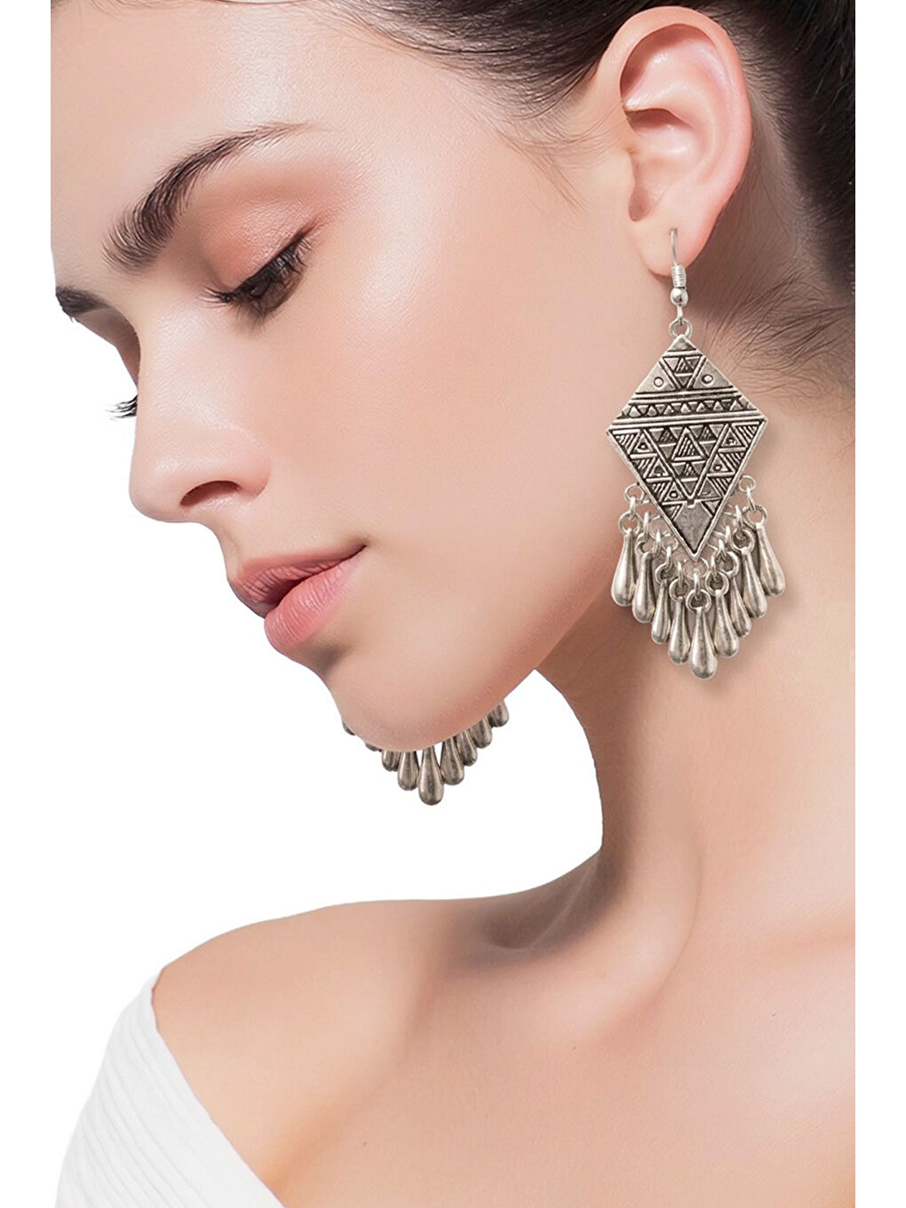 Gri Kadın Antik Gümüş Sallantılı Küpe-1