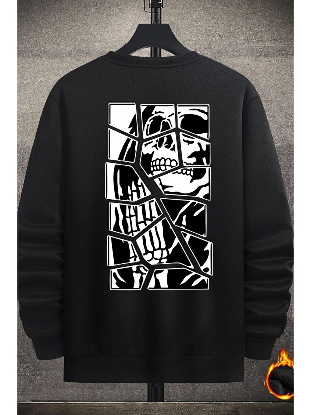 uyguntarz Siyah Unisex Skullcracked Bisiklet Yaka Sweatshirt