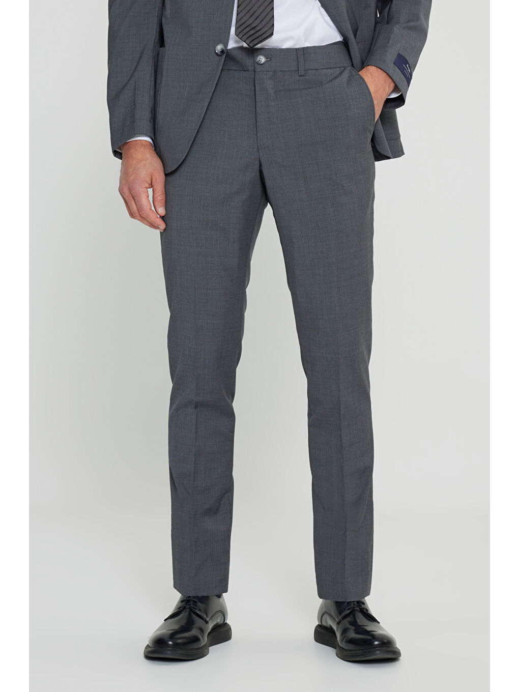 Erkek Gri Slim Fit Dar Kesim Mono Yaka %100 Yün Takım Elbise-4