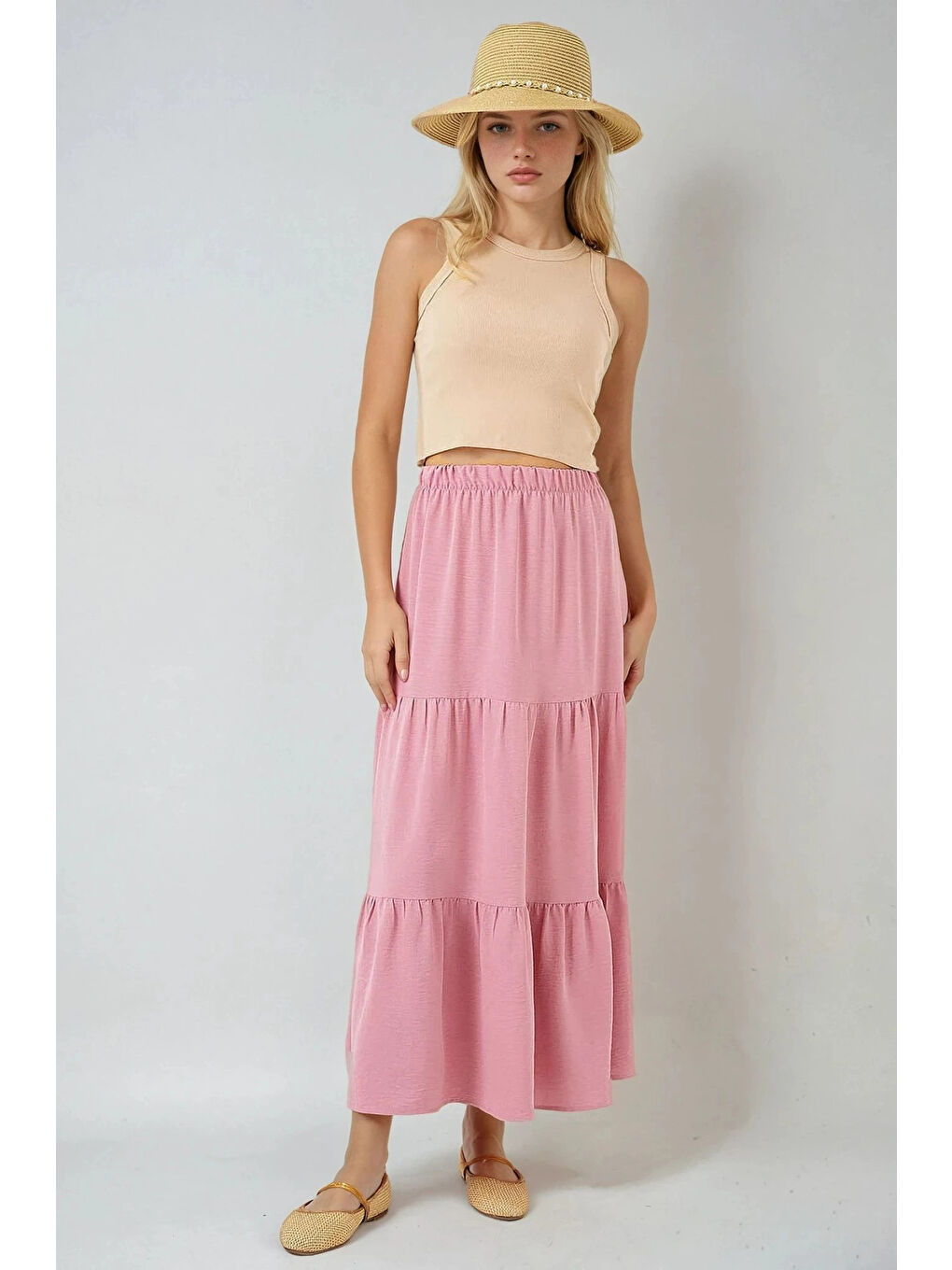 Pembe Kadın Pudra Beli Lastikli Ayrobin Uzun Etek HZL25S-BD180481-1