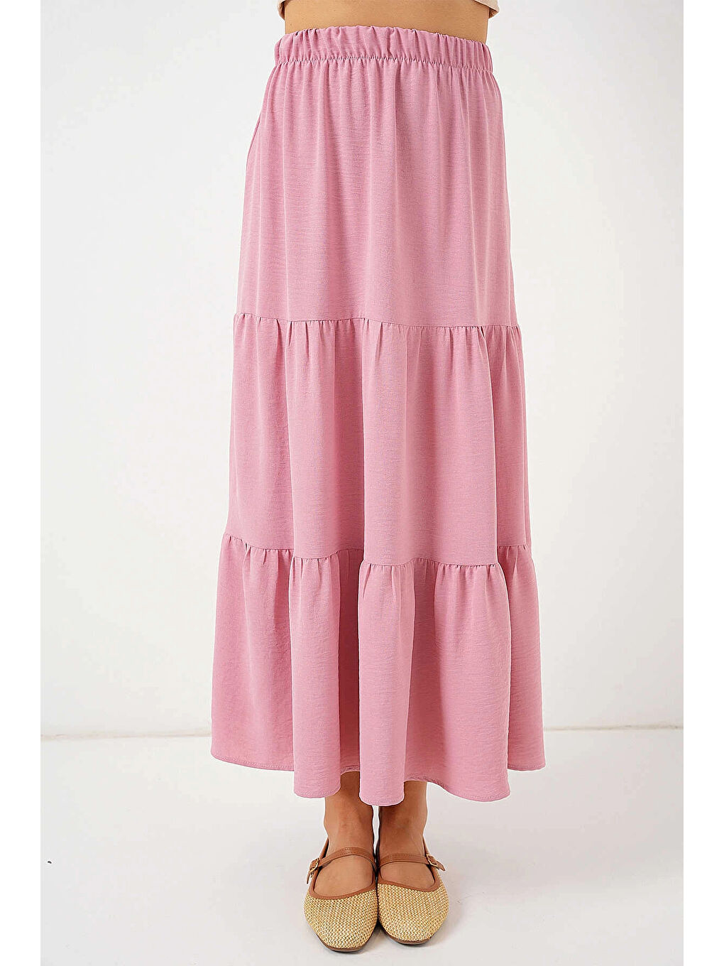 Pembe Kadın Pudra Beli Lastikli Ayrobin Uzun Etek HZL25S-BD180481-2