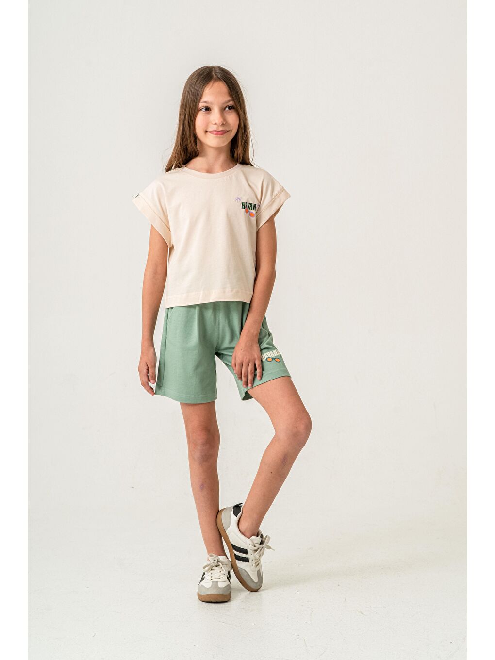 Yeşil Havana Baskılı  Kız Çocuk Şort - Tişört Takımı