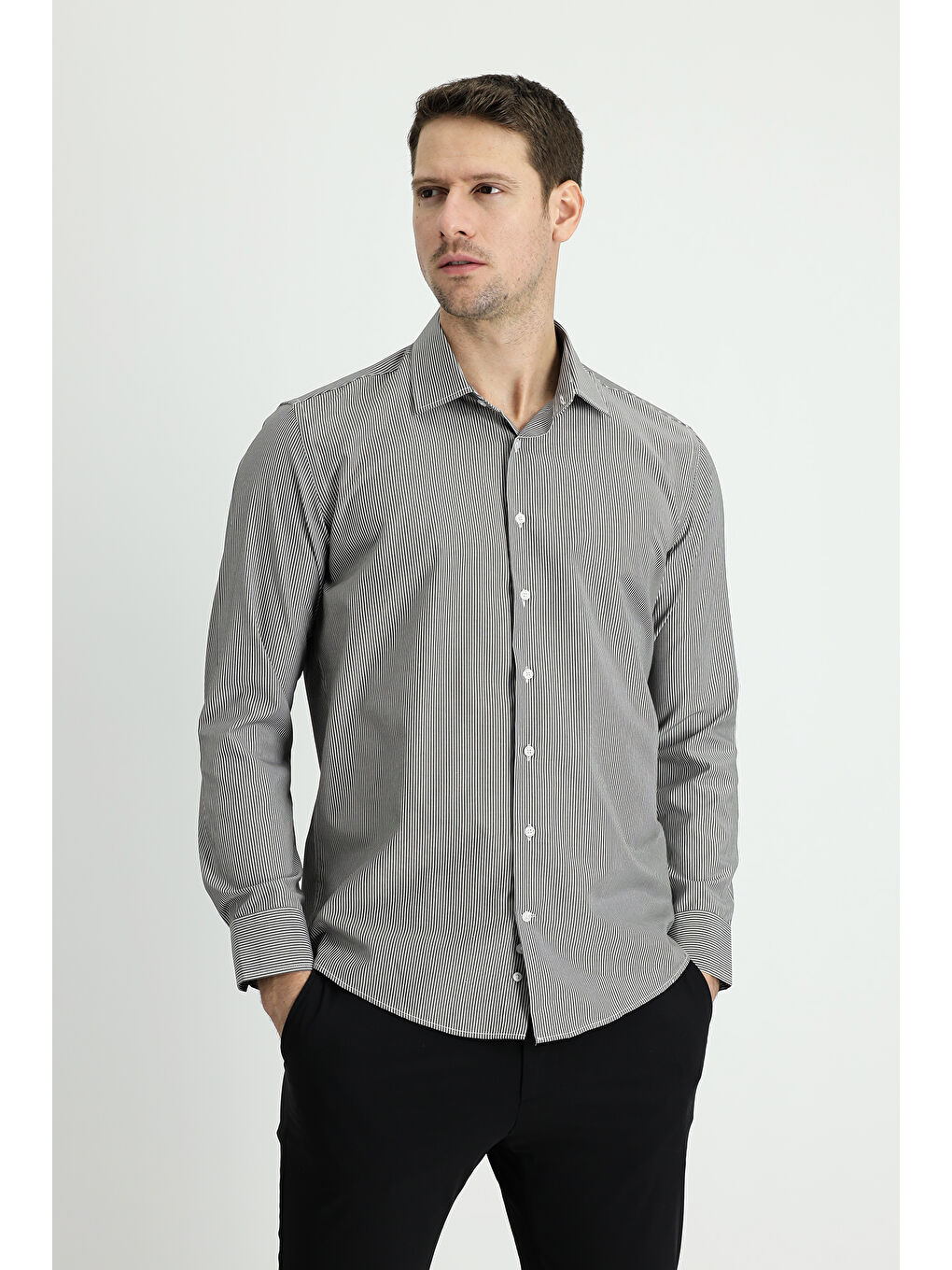 Siyah Uzun Kol Slim Fit Dar Kesim Klasik Çizgili Pamuklu Kolay Ütülenebilir Gömlek
