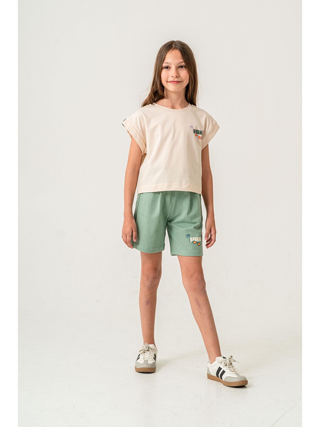 Yeşil Havana Baskılı  Kız Çocuk Şort - Tişört Takımı-1