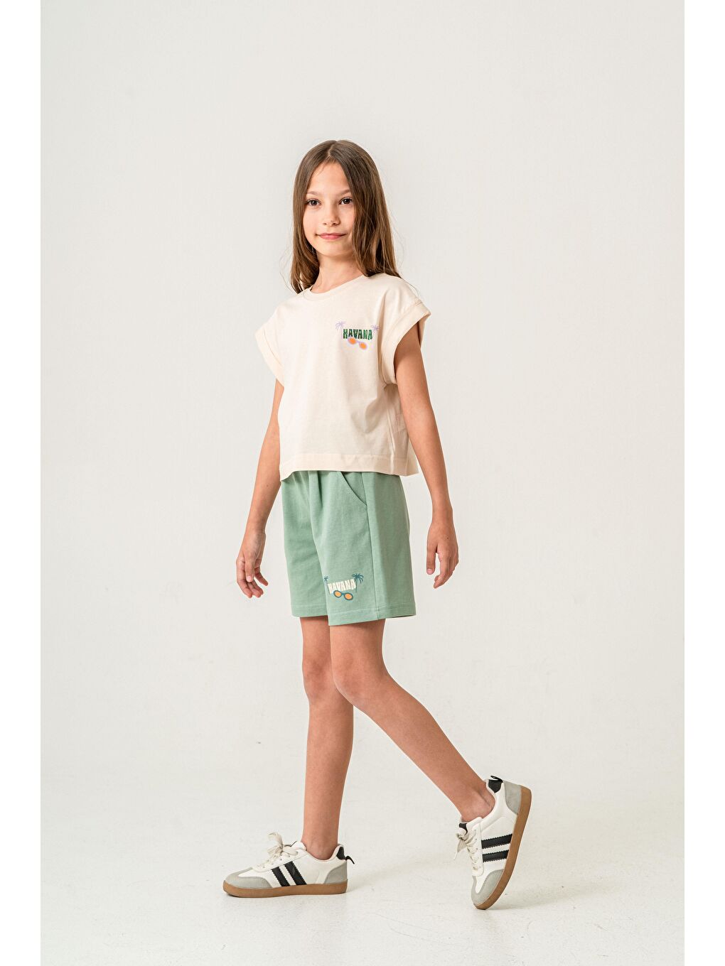 Yeşil Havana Baskılı  Kız Çocuk Şort - Tişört Takımı-2