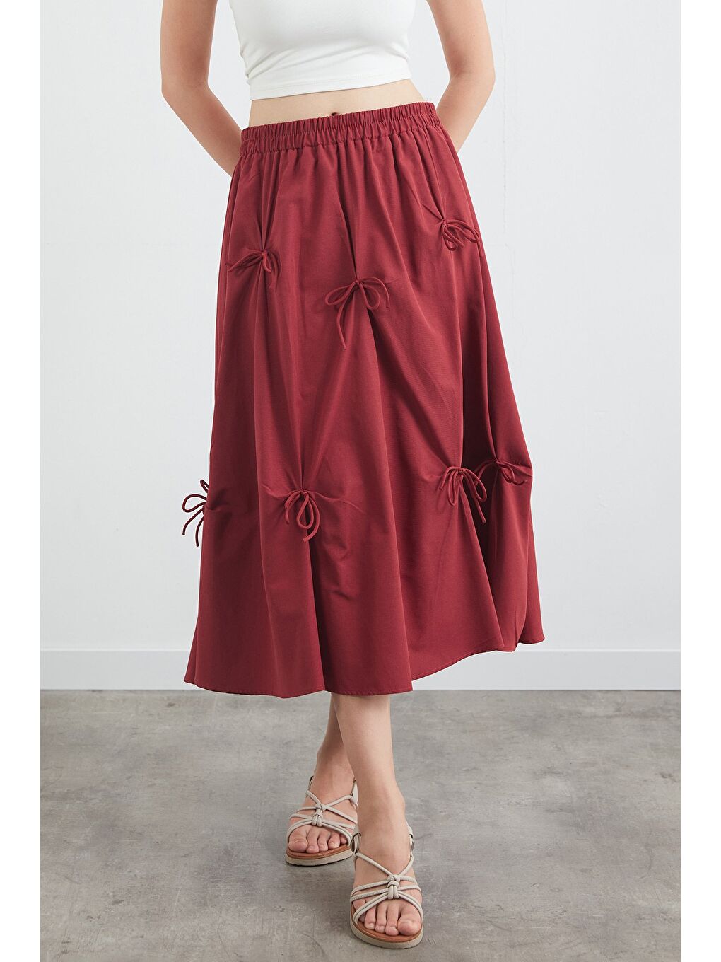 Bordo Beli Lastikli Kurdeleli Terikoton Kumaş Etek-1