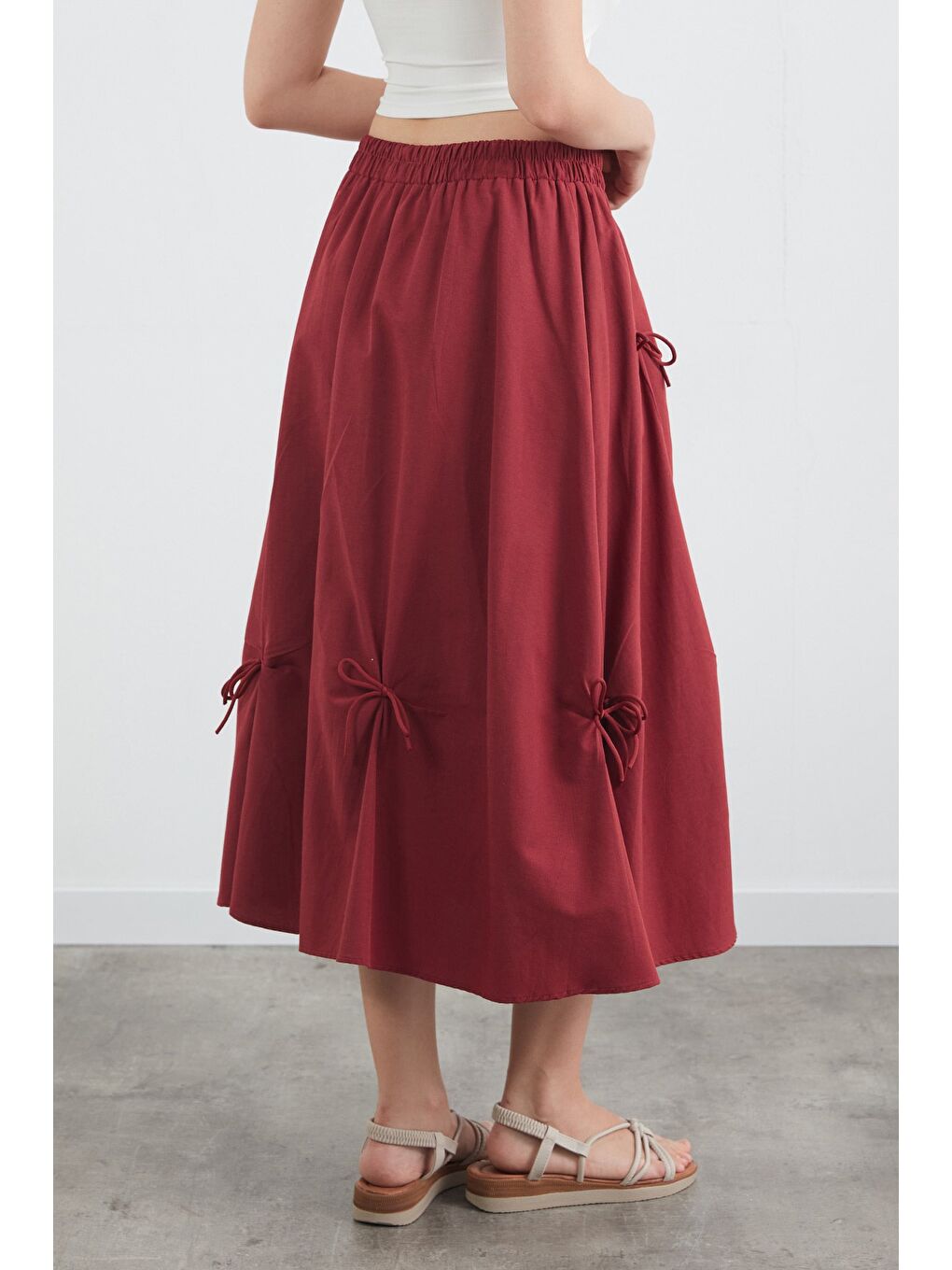 Bordo Beli Lastikli Kurdeleli Terikoton Kumaş Etek-2