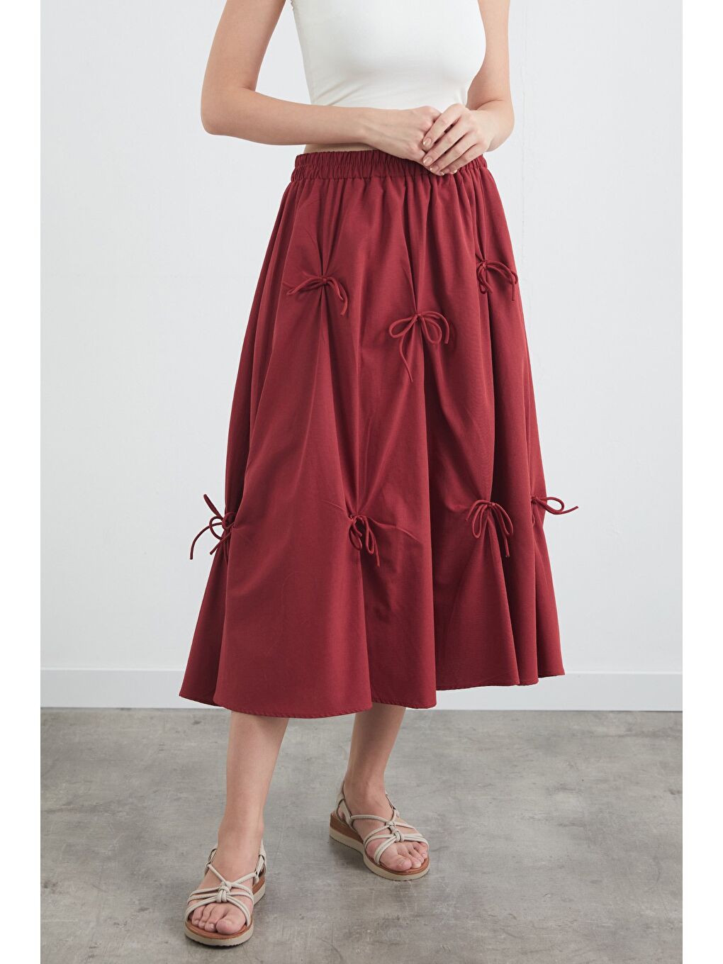 Bordo Beli Lastikli Kurdeleli Terikoton Kumaş Etek-3