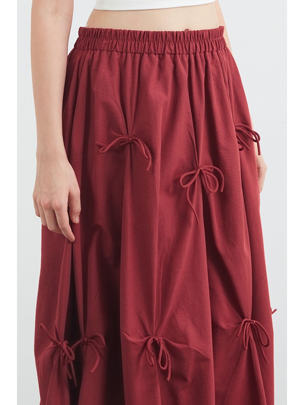 Bordo Beli Lastikli Kurdeleli Terikoton Kumaş Etek-4