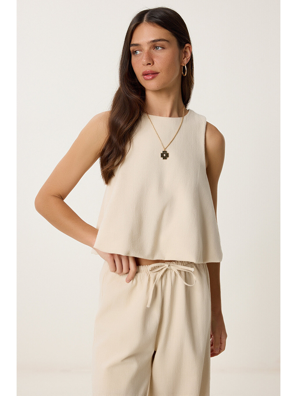 Ekru Keten Balon Bluz Pantolon Takım KREM LUS0092-4