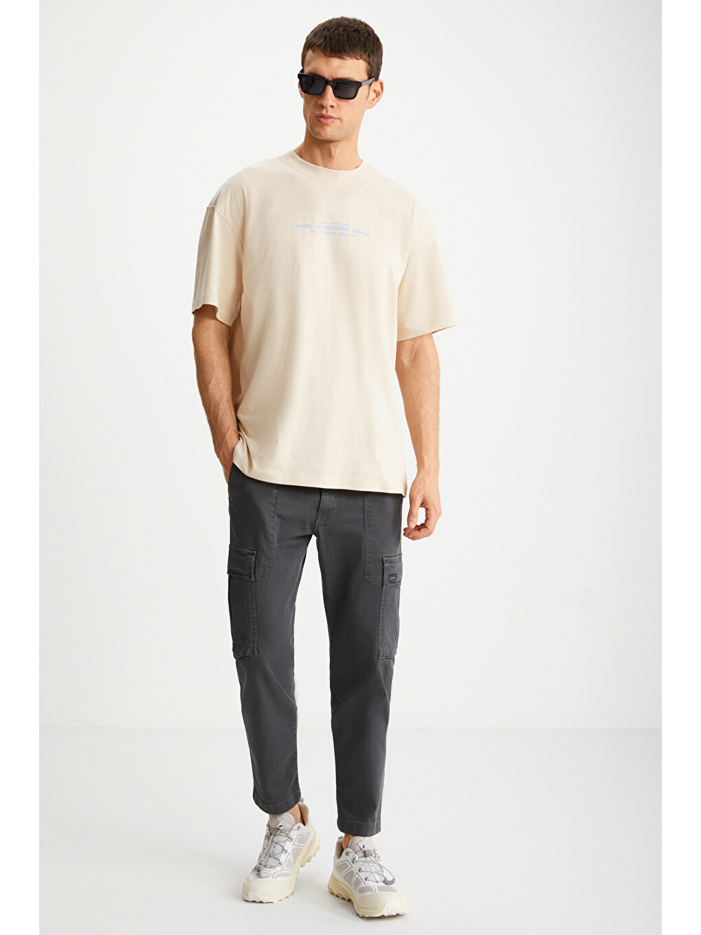 Frank Erkek Kalın Dokulu Baskı Detaylı Oversize &100 Organik Pamuklu Bej Tişört-2