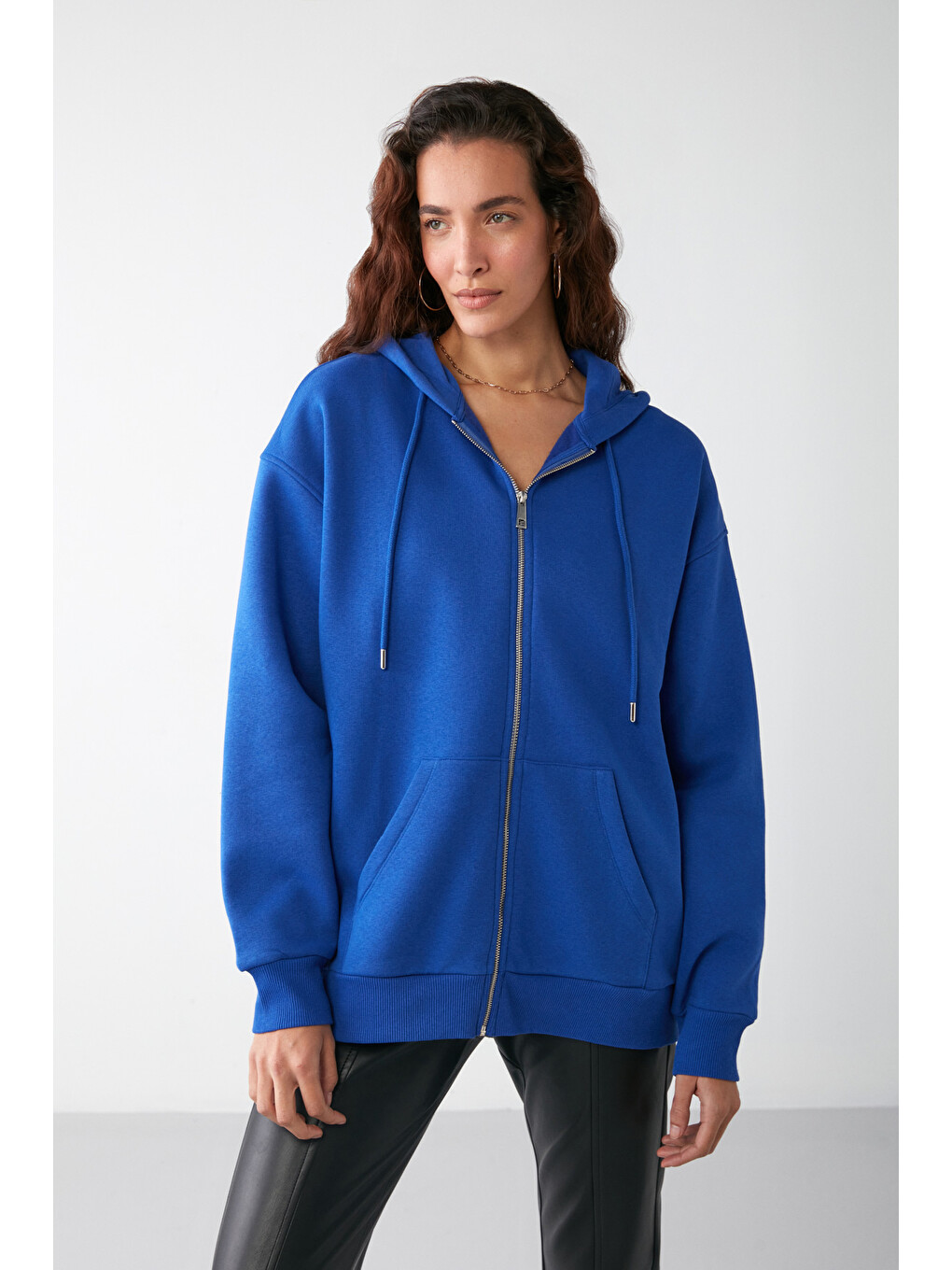 Mavi Alena Kadın Oversize Organik Pamuklu Metal Fermuarlı Kapüşonlu İçi Polarlı Saks Sweatshirt