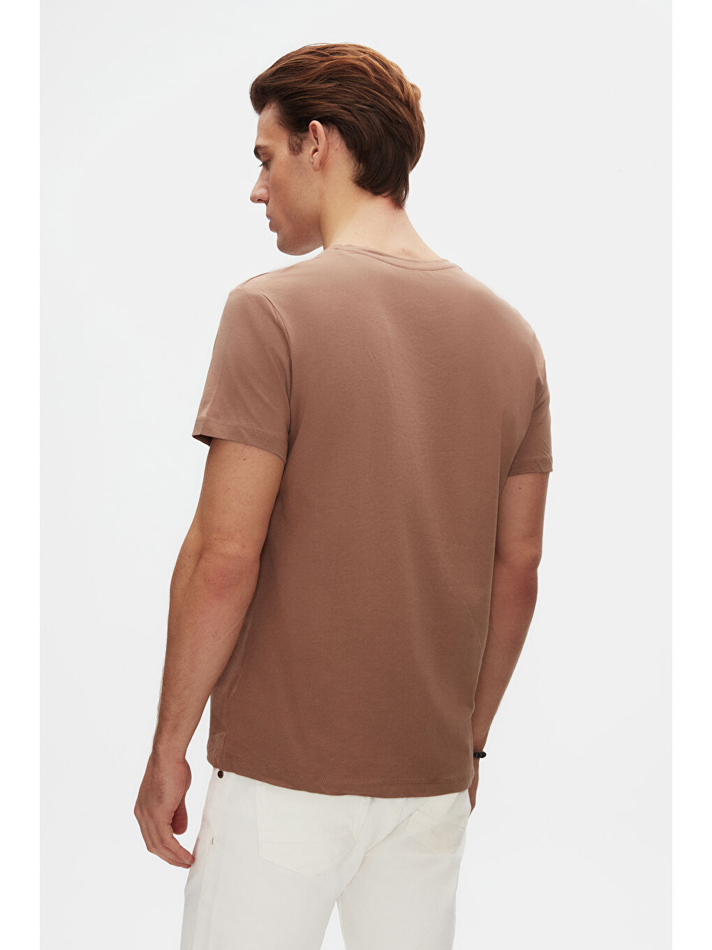 Bej Slim Fit Vizon Bisiklet Yaka %100 Pamuklu Nefes Alabilen Tişört-2