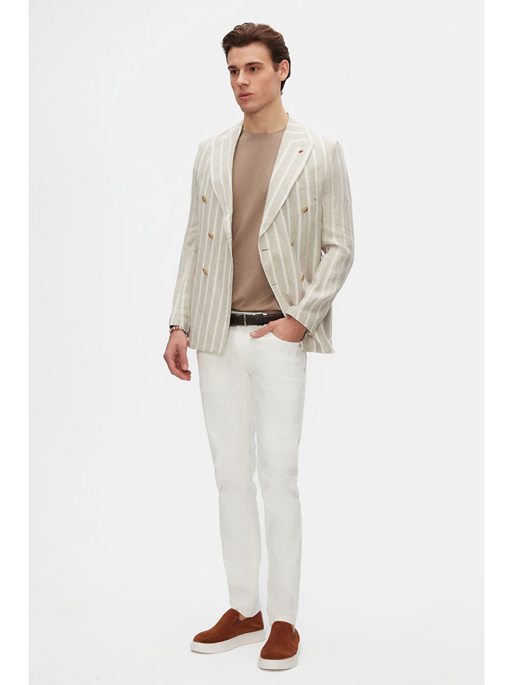 Bej Slim Fit Vizon Bisiklet Yaka %100 Pamuklu Nefes Alabilen Tişört-3