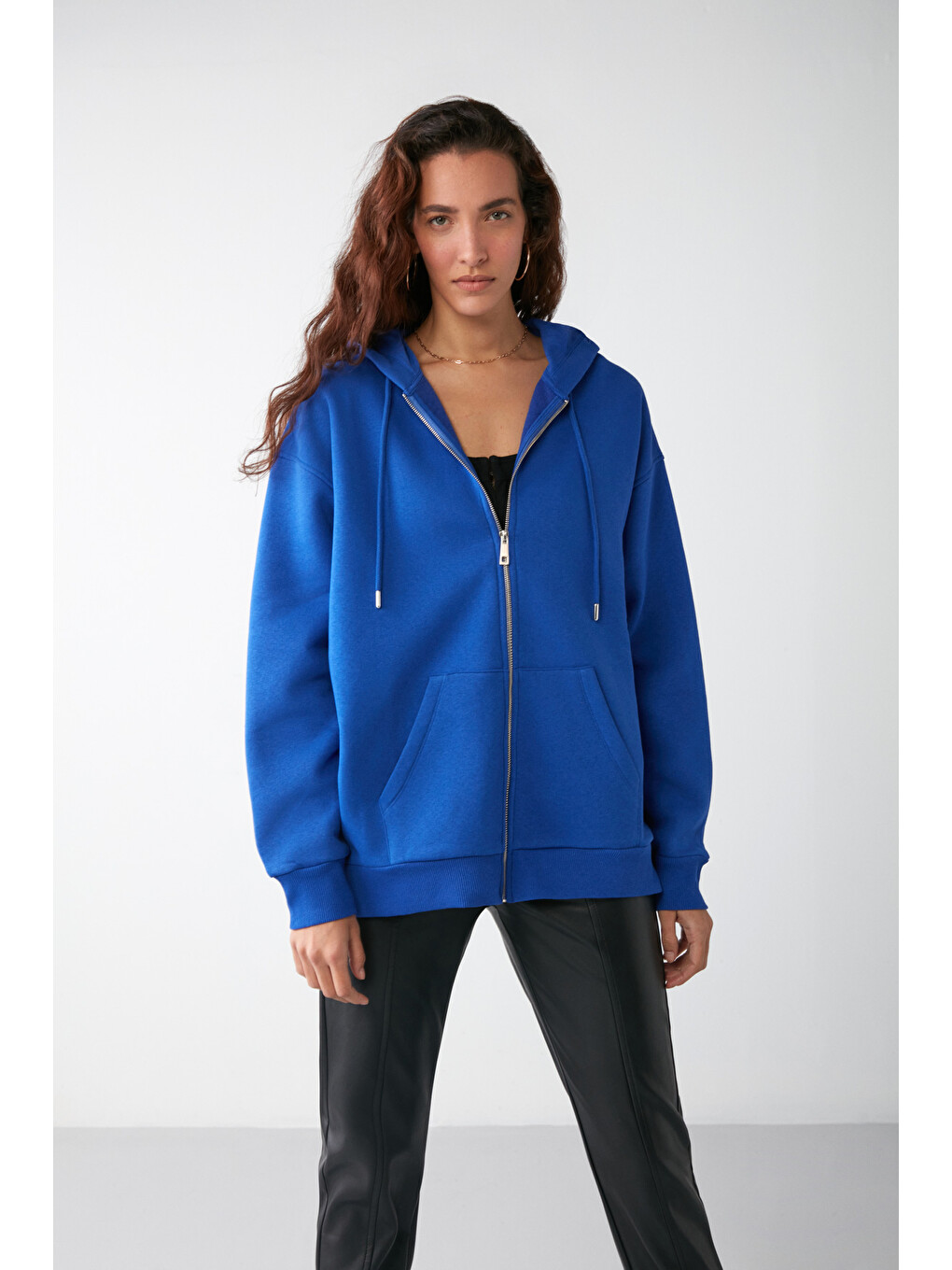 Mavi Alena Kadın Oversize Organik Pamuklu Metal Fermuarlı Kapüşonlu İçi Polarlı Saks Sweatshirt-1