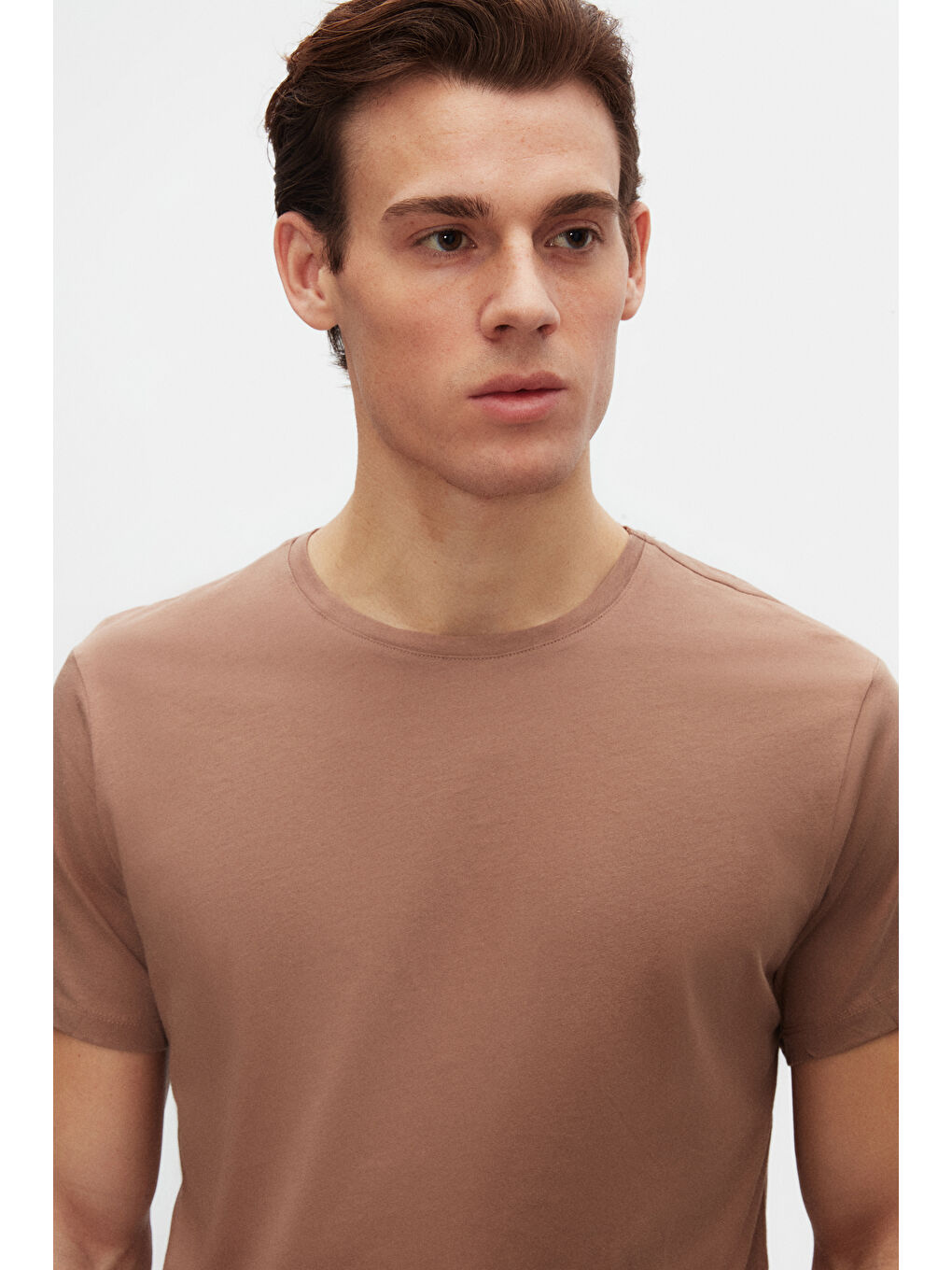 Bej Slim Fit Vizon Bisiklet Yaka %100 Pamuklu Nefes Alabilen Tişört-1