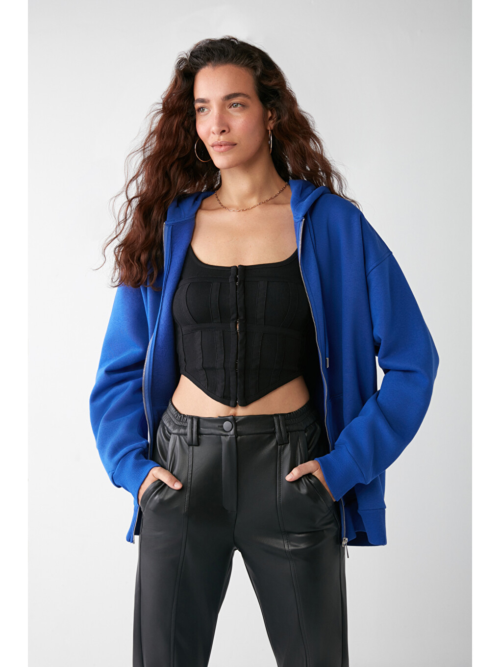 Mavi Alena Kadın Oversize Organik Pamuklu Metal Fermuarlı Kapüşonlu İçi Polarlı Saks Sweatshirt-2