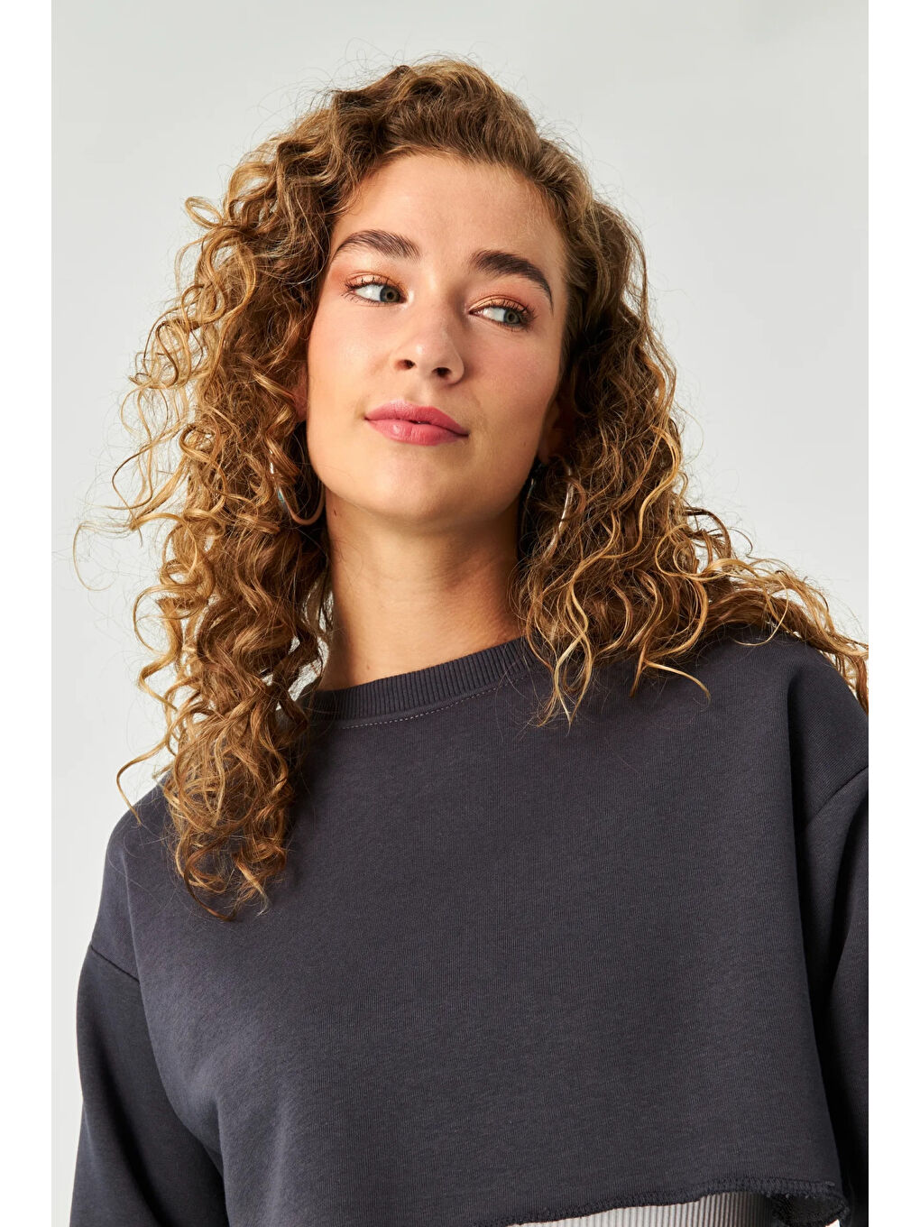 Kadın Antrasit Basic Bisiklet Yaka Uzun Kollu Crop Sweatshirt HZL24W-ZK11351-2