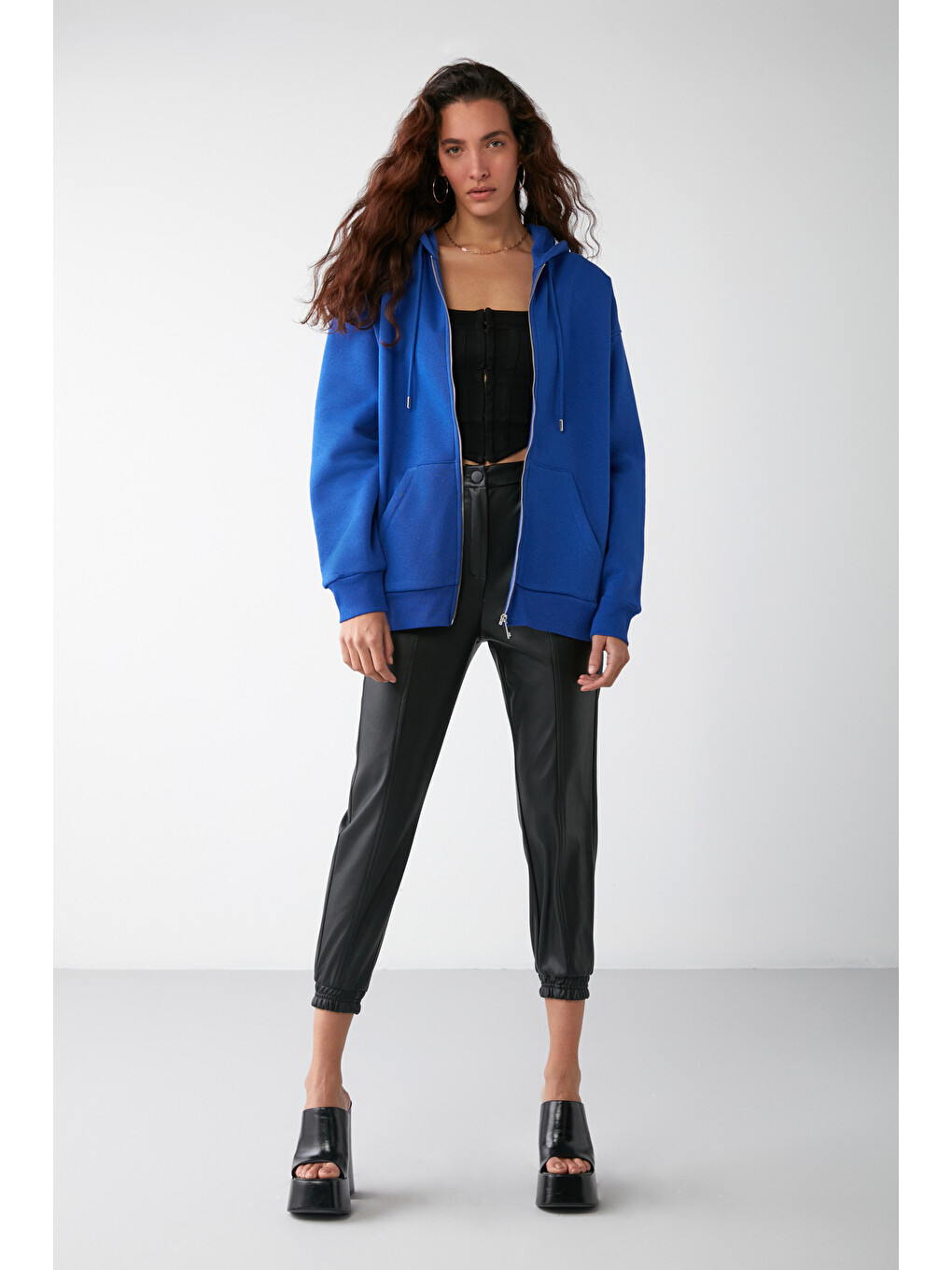 Mavi Alena Kadın Oversize Organik Pamuklu Metal Fermuarlı Kapüşonlu İçi Polarlı Saks Sweatshirt-3