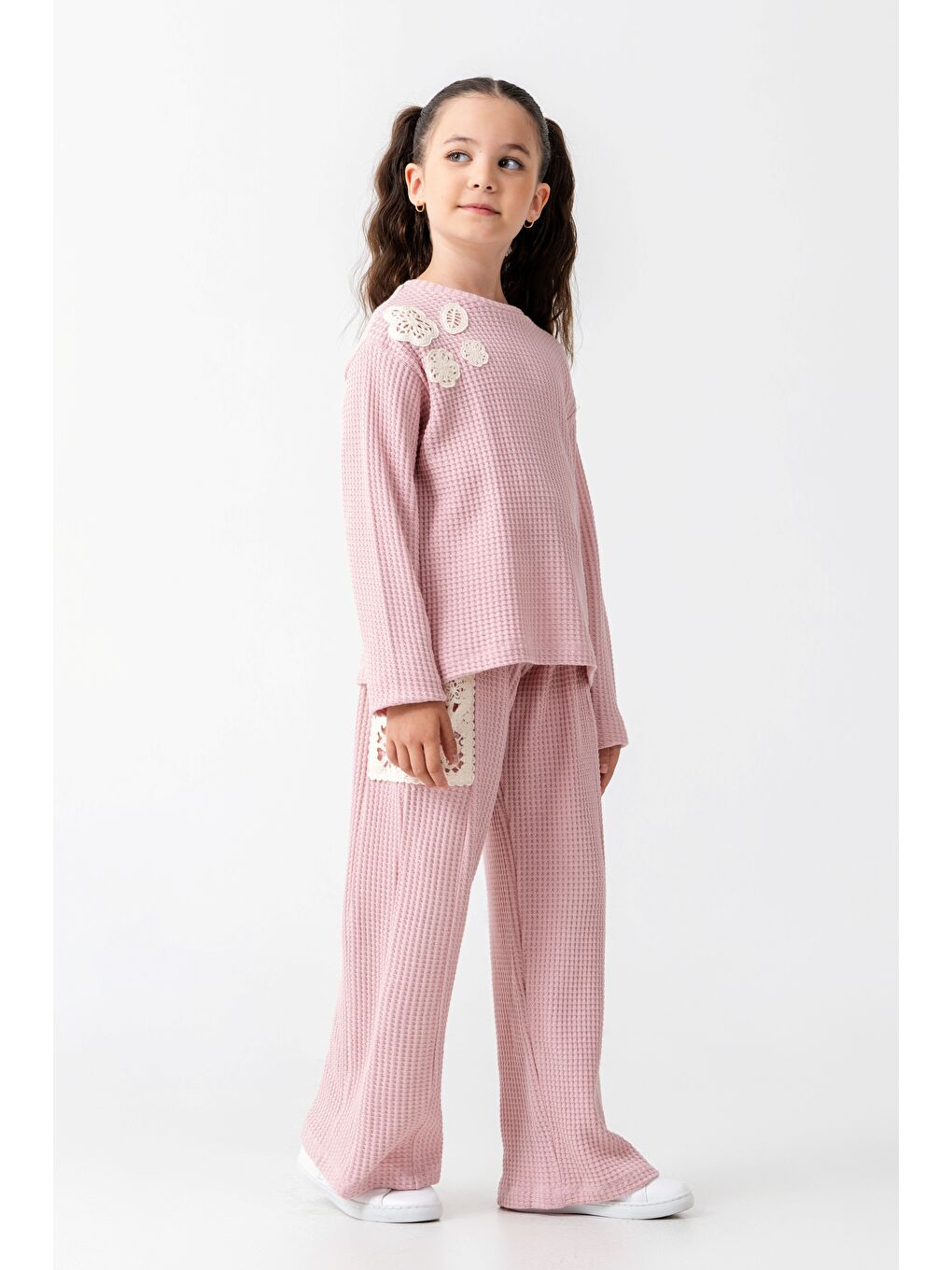 Pembe Kız Çocuk Dantelli İspanyol Paça Eşofman Takımı 7-10 Yaş-2