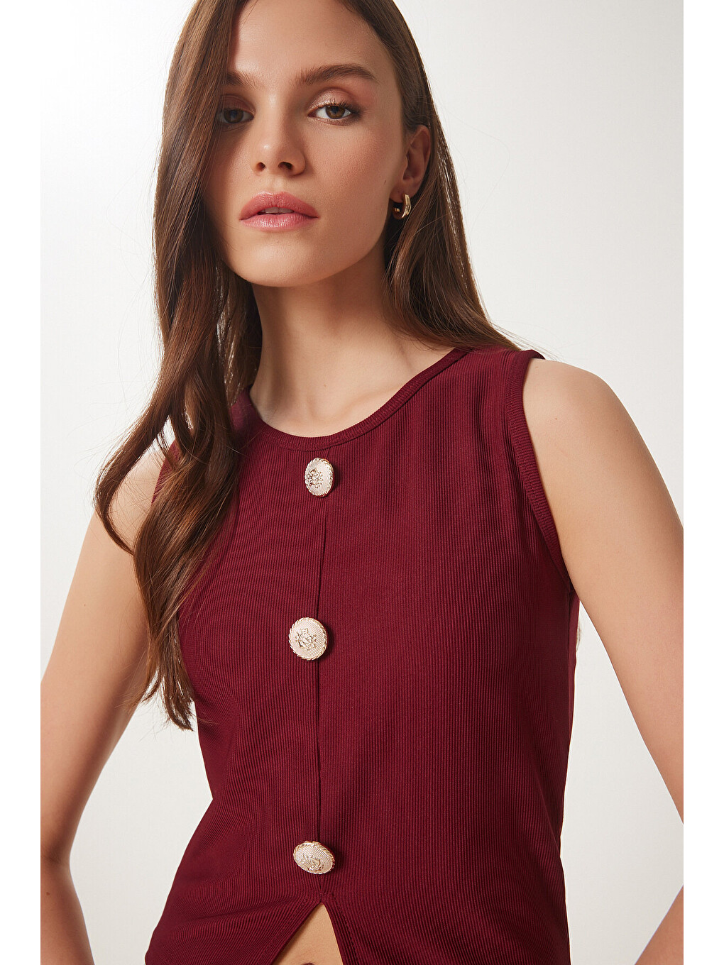 Bordo Düğmeli Fitilli Örme Bluz BORDO LZV0008-1
