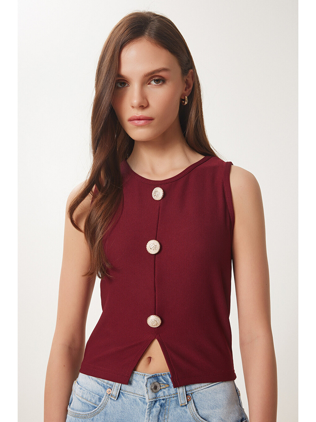 Bordo Düğmeli Fitilli Örme Bluz BORDO LZV0008-2