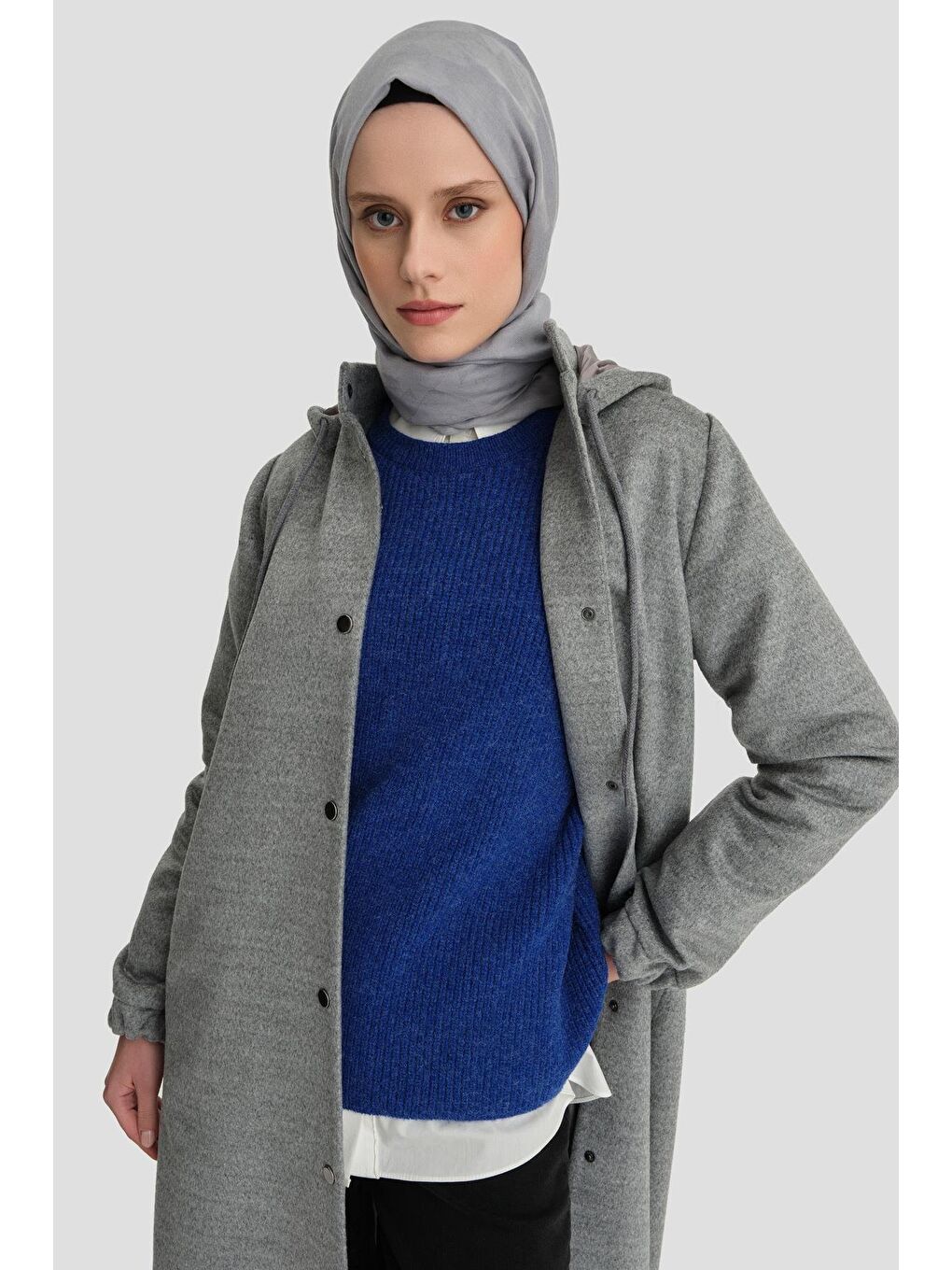 Kapüşonlu Manto 24Kh8111 Gri
