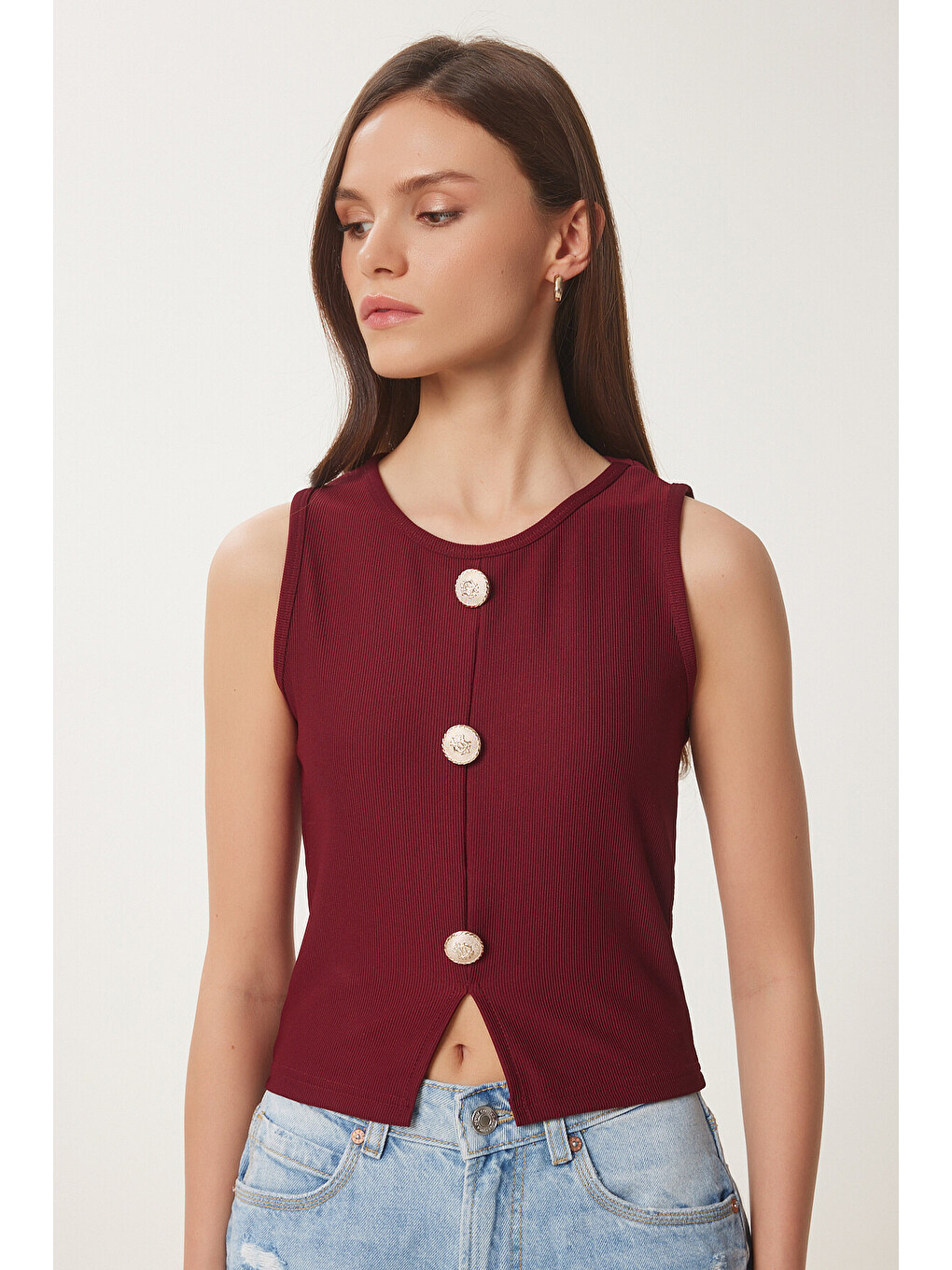 Bordo Düğmeli Fitilli Örme Bluz BORDO LZV0008-3