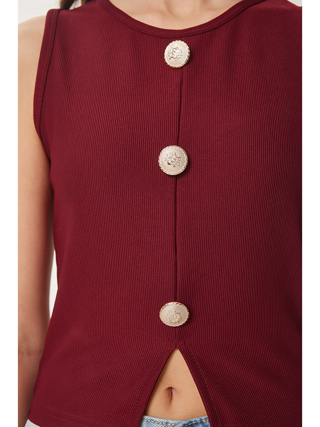 Bordo Düğmeli Fitilli Örme Bluz BORDO LZV0008-4