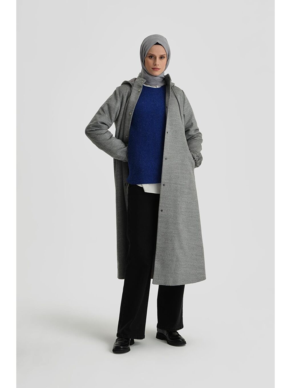 Kapüşonlu Manto 24Kh8111 Gri-2