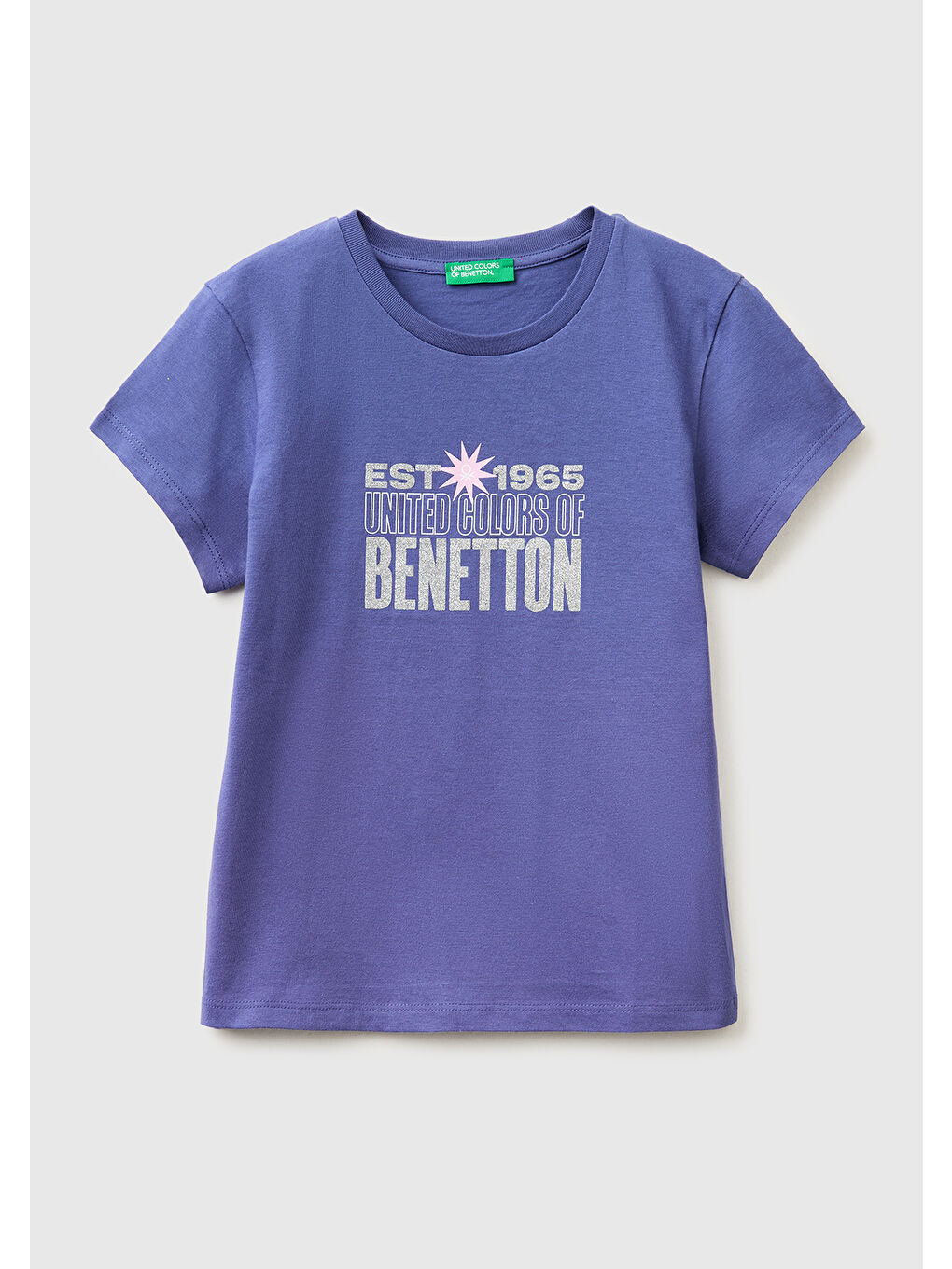 Kız Çocuk Koyu Lacivert Simli Logolu Bisiklet Yaka T-Shirt