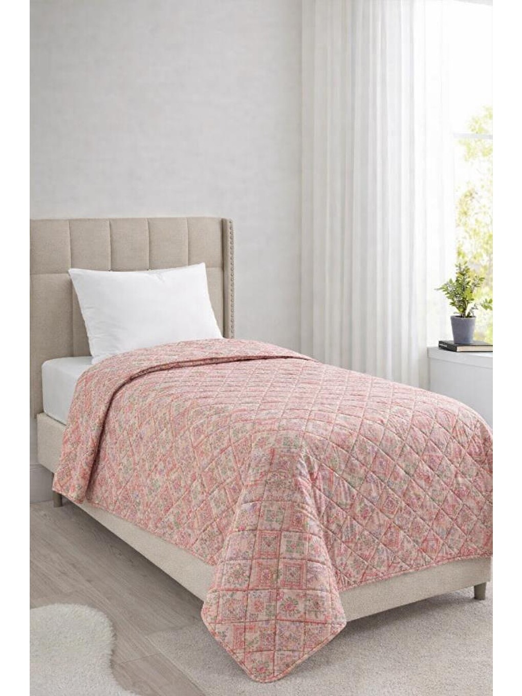 Pembe Sakura Elyaf Dolgulu Çift Taraflı Tek Kişilik 160x220 Cm Kırlentsiz Tek Pike Gül Kurusu