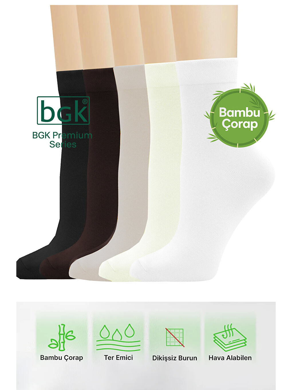 Karışık 5 Çift Bambu Kadın Soket Çorap (Dikişsiz) Premium