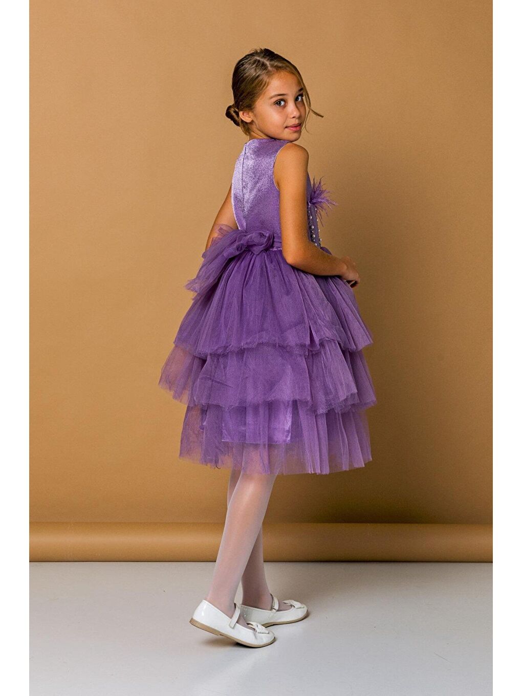 Mor Kız Çocuk Tavşan Tüylü İncili abiye-1