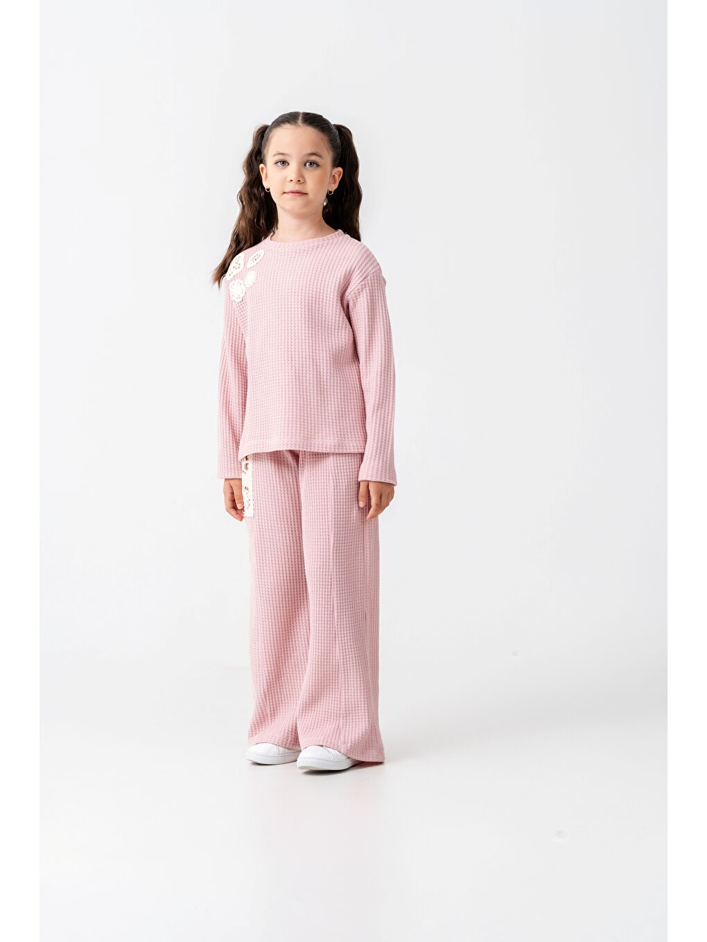 Pembe Kız Çocuk Dantelli İspanyol Paça Eşofman Takımı 7-10 Yaş-5