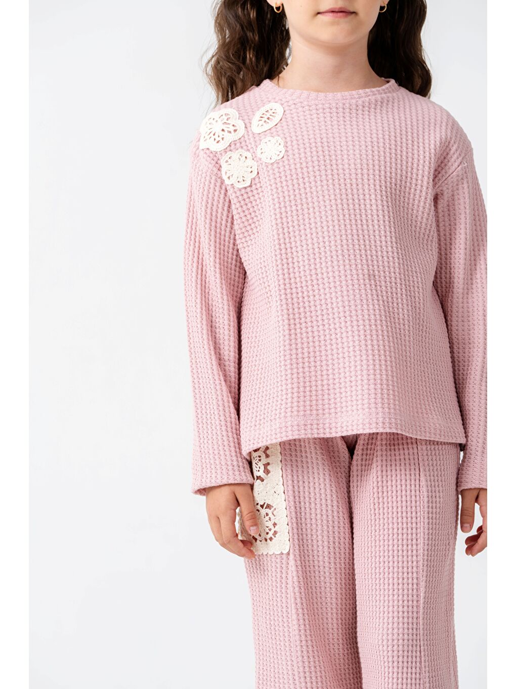Pembe Kız Çocuk Dantelli İspanyol Paça Eşofman Takımı 7-10 Yaş-6