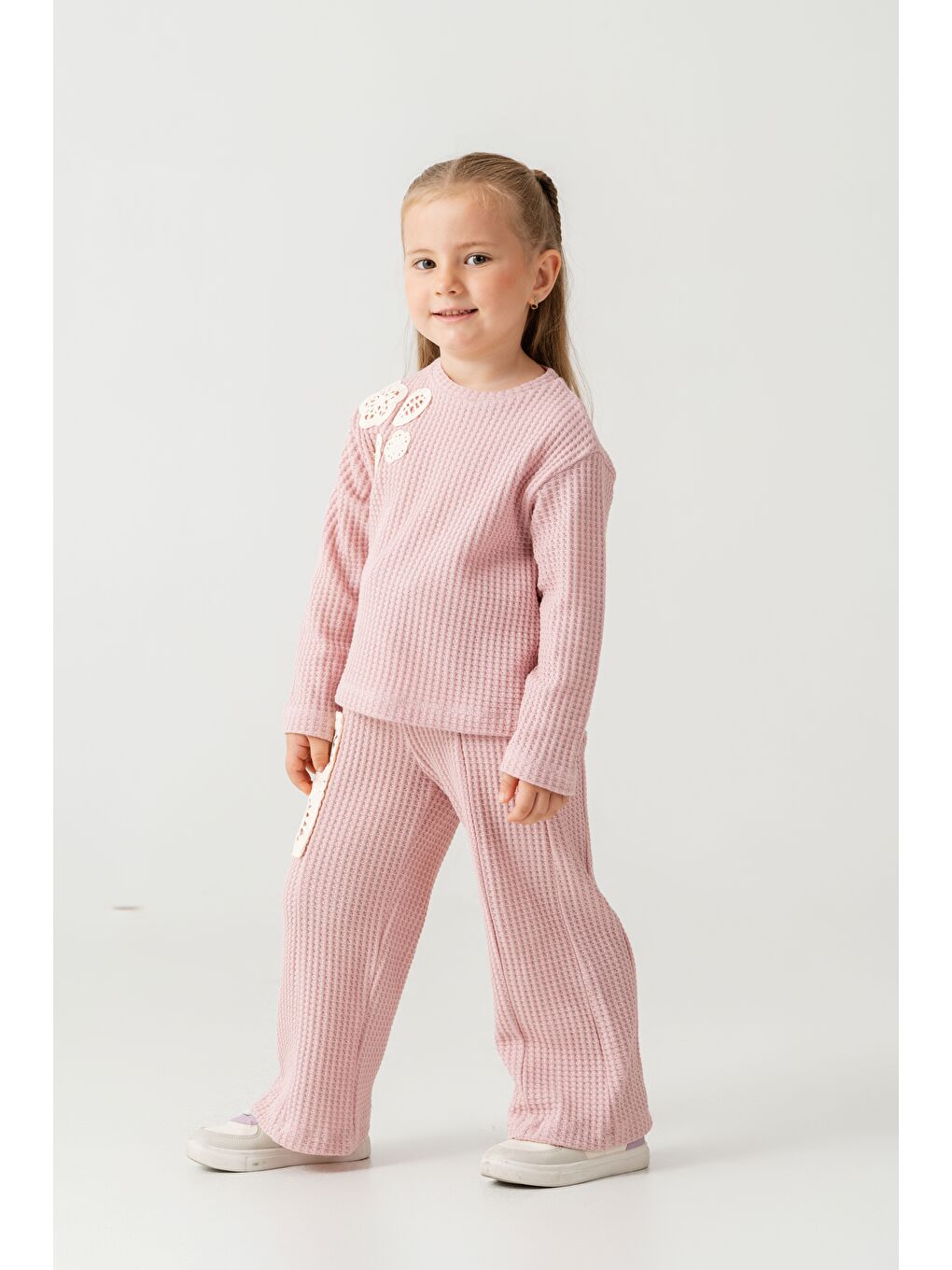 Pembe Kız Çocuk Dantelli İspanyol Paça Eşofman Takımı-1